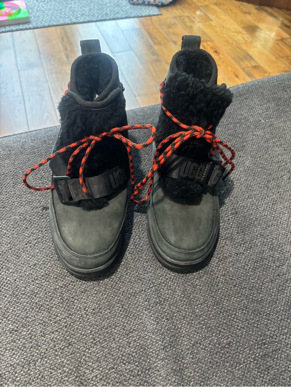 UGG Women’s Black Shearling-Lined Boots with Red Laces Size 6